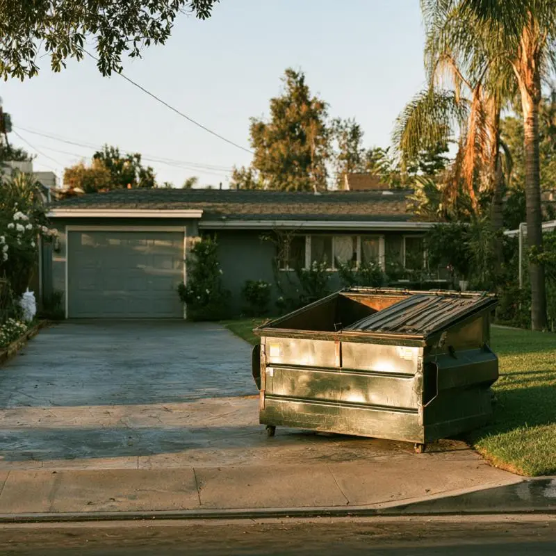 Roll-off dumpster placed on a residential driveway for a home cleanup project in East Los Angeles