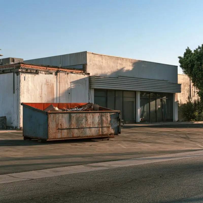 Commercial dumpster placed beside a retail property for a renovation and cleanup project in East Los Angeles