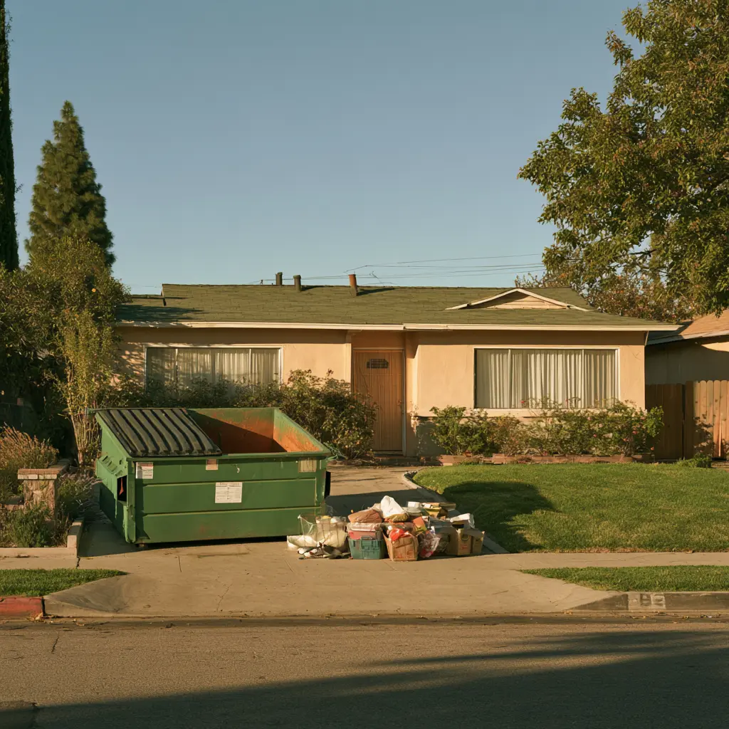 Residential dumpster placed in a driveway for a home cleanout project in East Los Angeles