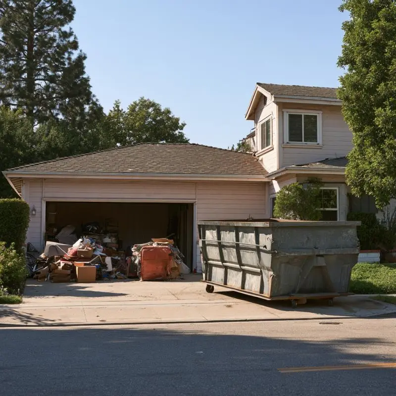 Residential dumpster beside a suburban home during a garage cleanout project in East Los Angeles