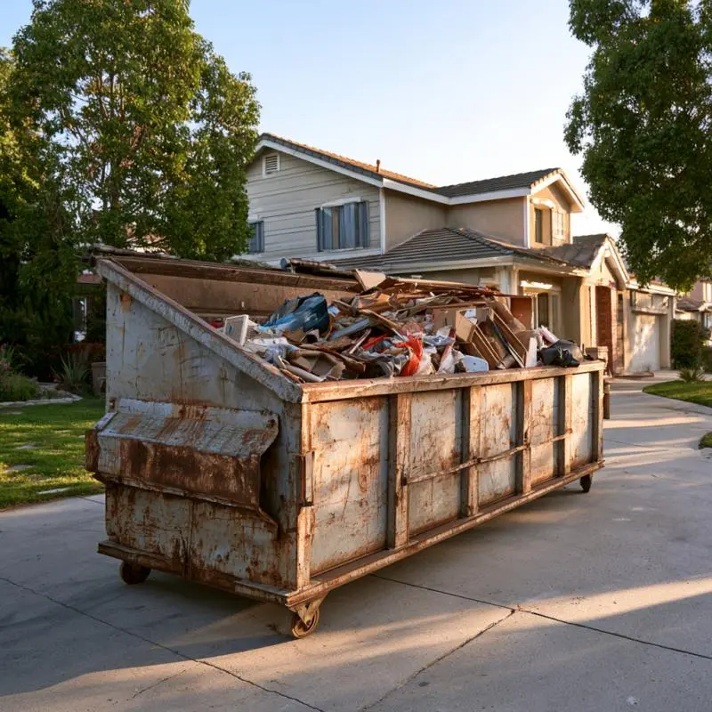 Open-top dumpster loaded with household debris for a home cleanout, illustrating a 20 yard dumpster size for residential projects